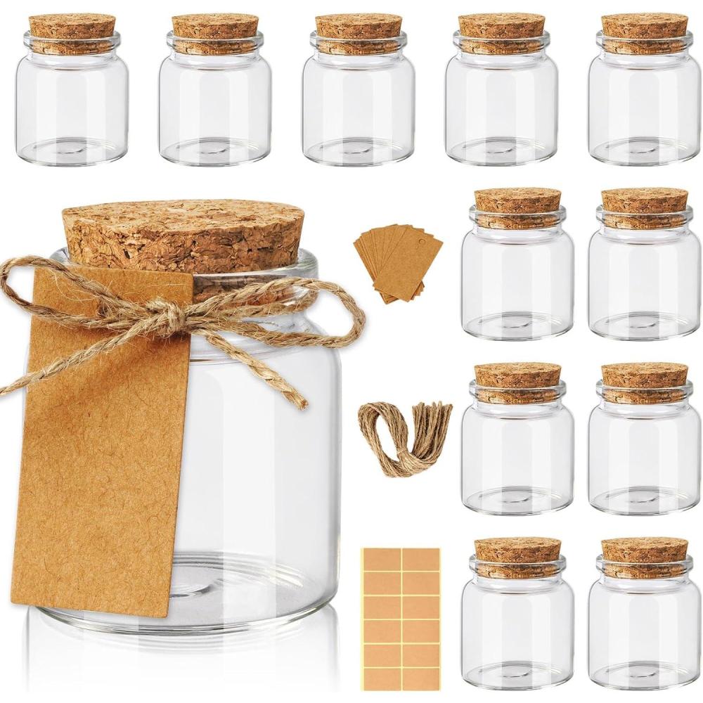 imageOurWarm 12 Pack Mini Jars with Lids 17OZ Small Glass Bottles with Cork Tag Label and Twine Versatile Small Glass Jars for Candy Potion Spice DIY Crafts Gift Birthday Wedding Party Decorations12pcs  50ml