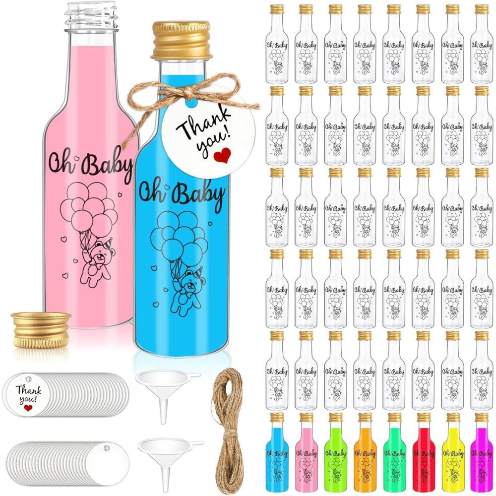 imageOurWarm 50 Pack Baby Shower Mini Liquor Bottles 17oz Empty Plastic Shot Bottles with Gold Screw Caps Funnels Tags ampamp Twines for Juice Wine Alcohol Juicing Ginger Shots Gender Reveal Party FavorsBaby Shower Bottles