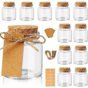 imageOurWarm 12 Pack Mini Jars with Lids 17OZ Small Glass Bottles with Cork Tag Label and Twine Versatile Small Glass Jars for Candy Potion Spice DIY Crafts Gift Birthday Wedding Party Decorations12pcs  50ml