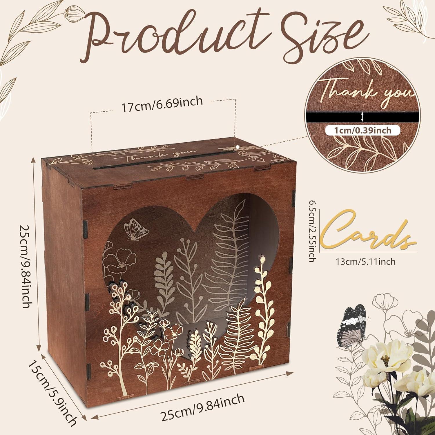 imageOurWarm Brown Wedding Card Box for Reception with Heart Acrylic Window Wooden Gift Card Box for Wedding with Flower Pattern Vintage Card Box for Graduation Birthday Party Anniversary Baby Shower