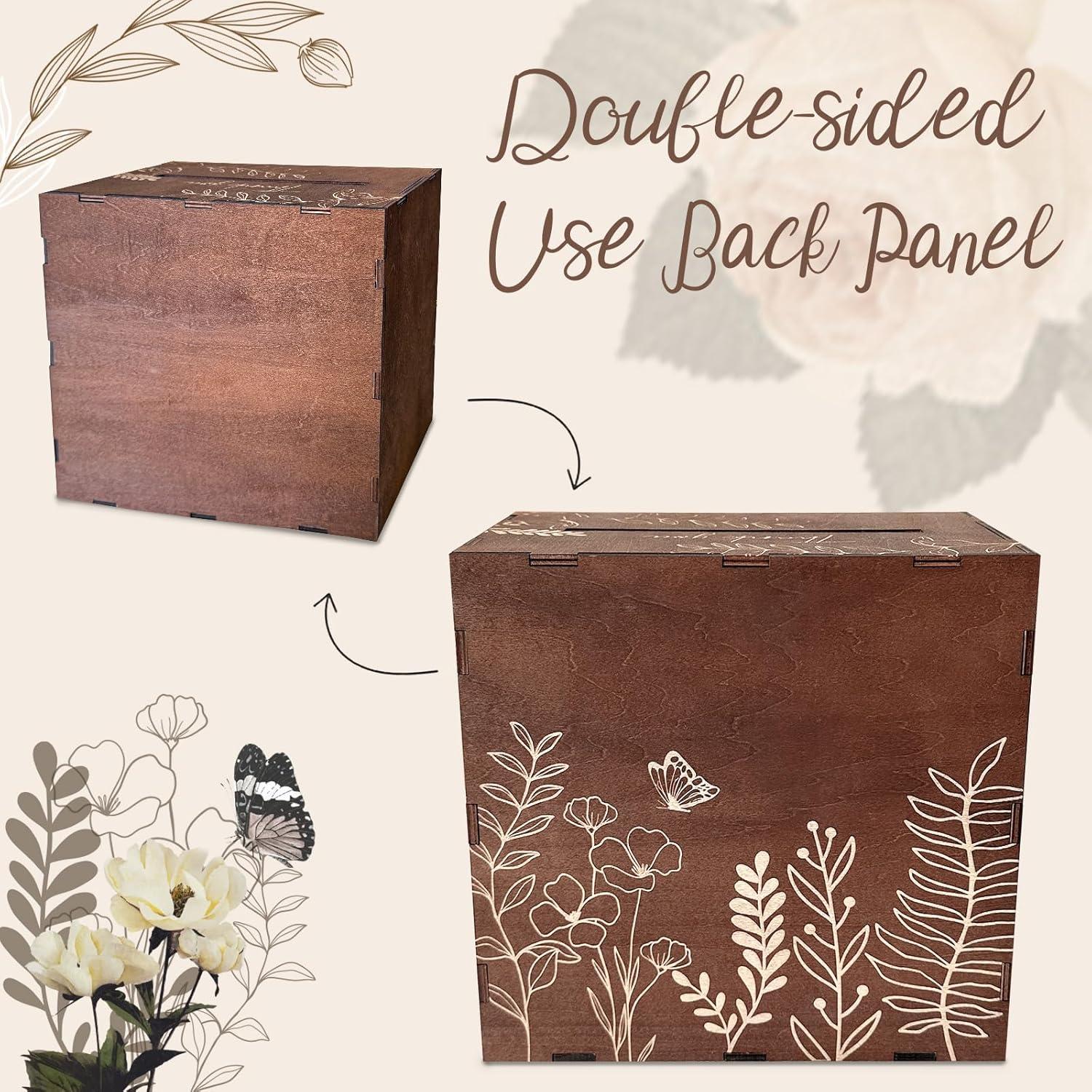 imageOurWarm Brown Wedding Card Box for Reception with Heart Acrylic Window Wooden Gift Card Box for Wedding with Flower Pattern Vintage Card Box for Graduation Birthday Party Anniversary Baby Shower