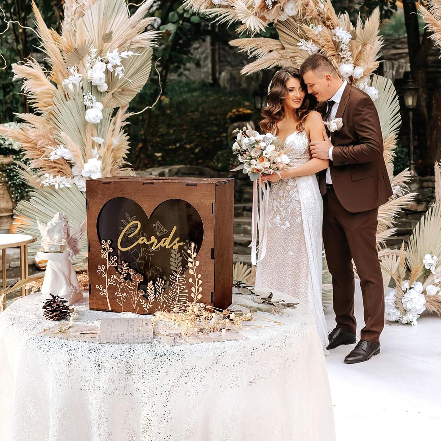 imageOurWarm Brown Wedding Card Box for Reception with Heart Acrylic Window Wooden Gift Card Box for Wedding with Flower Pattern Vintage Card Box for Graduation Birthday Party Anniversary Baby Shower