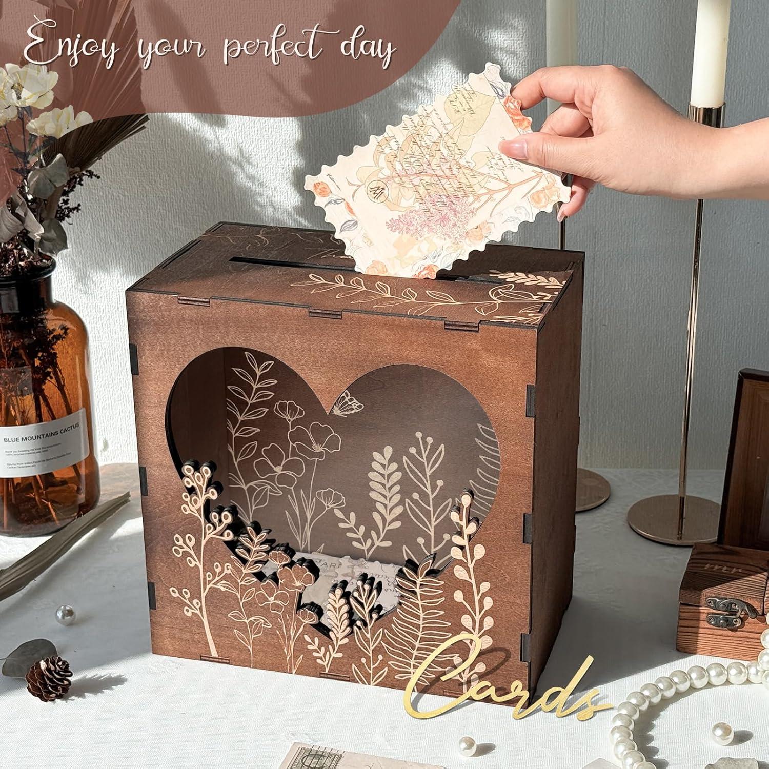 imageOurWarm Brown Wedding Card Box for Reception with Heart Acrylic Window Wooden Gift Card Box for Wedding with Flower Pattern Vintage Card Box for Graduation Birthday Party Anniversary Baby Shower