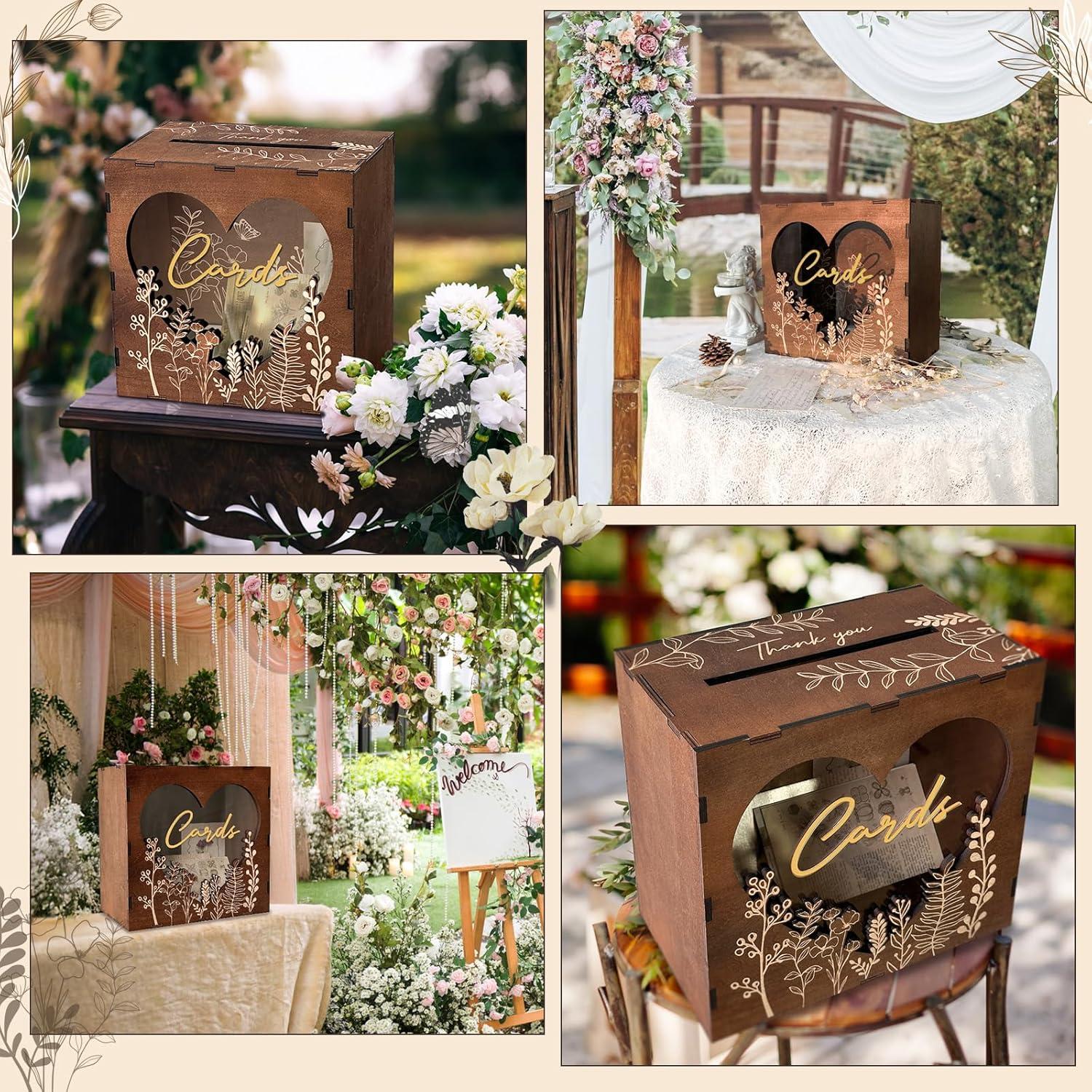imageOurWarm Brown Wedding Card Box for Reception with Heart Acrylic Window Wooden Gift Card Box for Wedding with Flower Pattern Vintage Card Box for Graduation Birthday Party Anniversary Baby Shower