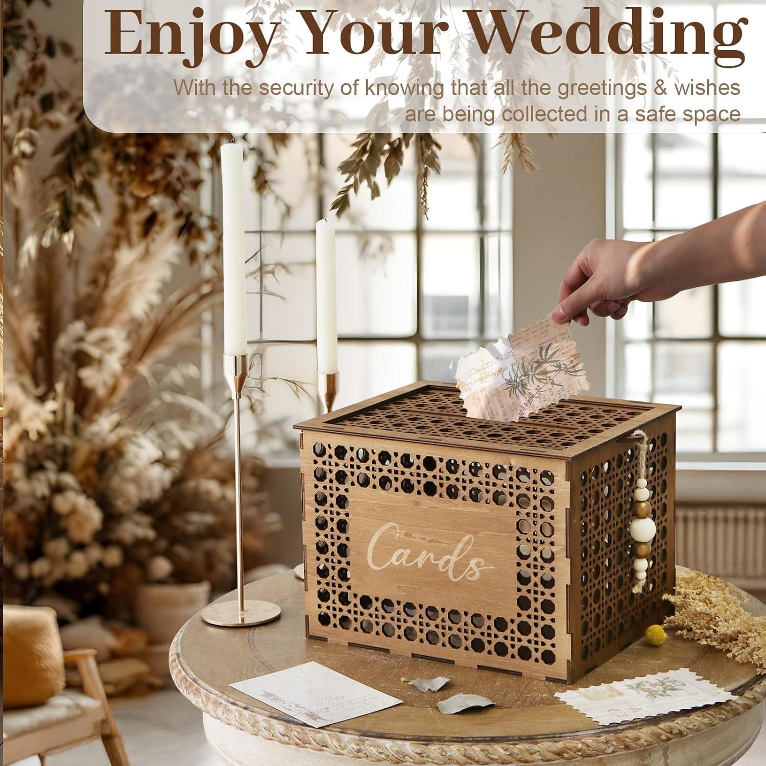 imageOurWarm Wedding Card Box for Party Vintage Gift Card Box with Wood Beads Wedding Box for Cards and Money Storage Envelope Money Box Wedding Card Boxes for Reception Baby Shower Rustic Wedding Decor