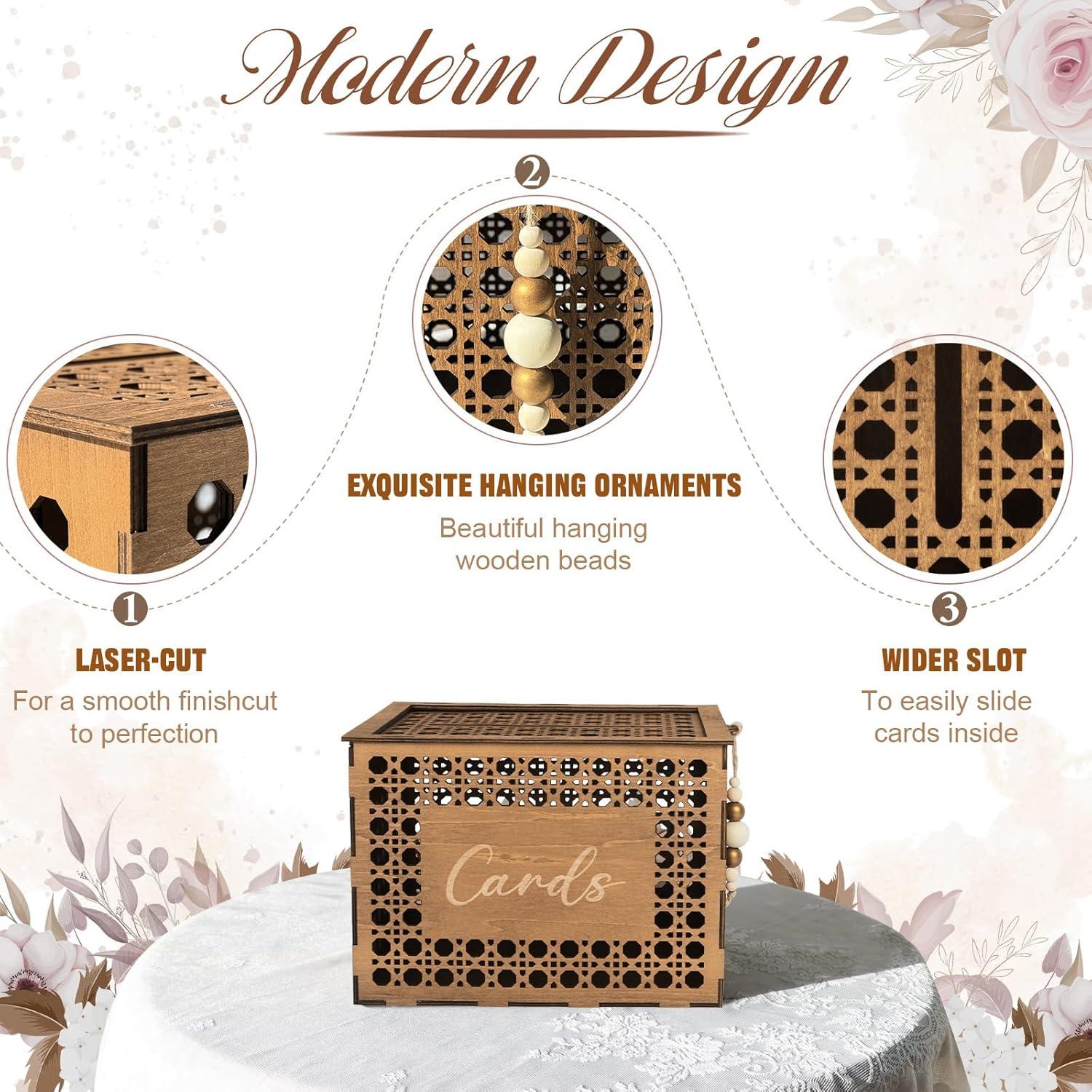 imageOurWarm Wedding Card Box for Party Vintage Gift Card Box with Wood Beads Wedding Box for Cards and Money Storage Envelope Money Box Wedding Card Boxes for Reception Baby Shower Rustic Wedding Decor