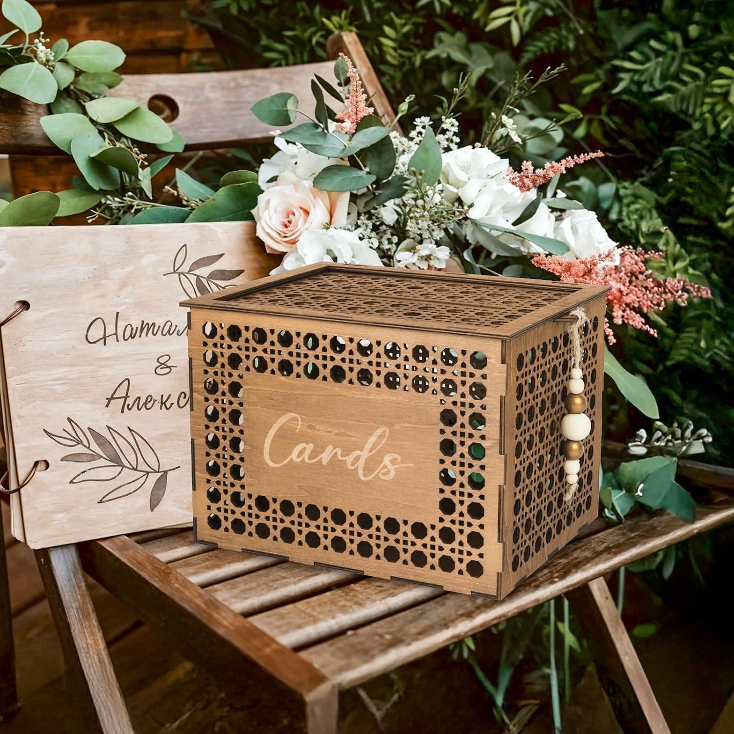 imageOurWarm Wedding Card Box for Party Vintage Gift Card Box with Wood Beads Wedding Box for Cards and Money Storage Envelope Money Box Wedding Card Boxes for Reception Baby Shower Rustic Wedding Decor