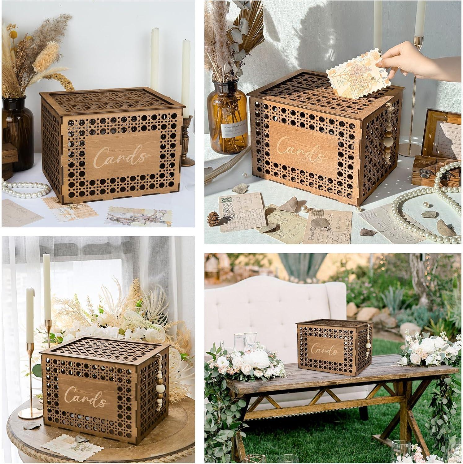 imageOurWarm Wedding Card Box for Party Vintage Gift Card Box with Wood Beads Wedding Box for Cards and Money Storage Envelope Money Box Wedding Card Boxes for Reception Baby Shower Rustic Wedding Decor