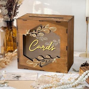 imageOurWarm Brown Wedding Card Box with Acrylic Window Wooden Gift Card Box for Wedding Reception Decorations Money Newly Named Box Wedding Decorations for Reception Party Birthday Rustic Wedding DecorBrown