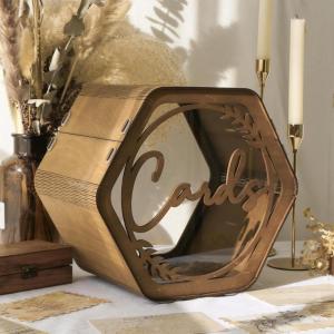imageOurWarm Wedding Card Box for Party Hexagon Brown Wedding Card Boxes for Reception Wooden Wedding Box for Cards and Money Rustic Graduation Gift Card Box for Wedding Decor Baby Shower Birthday