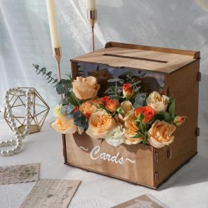 imageOurWarm Wooden Wedding Card Box with Flower Trough Brown Gift Card Box for Wedding with Acrylic Board Wedding Card Boxes for Reception Rustic Wedding Decor for Graduation Baby Showers Birthday Party