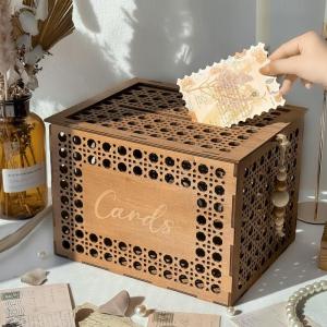 imageOurWarm Wooden Wedding Card Box with Slot Hollow Rattan Pattern Gift Card Box for Party Reception Envelope Money Card Box for Wedding Graduation Party Birthday Baby Shower DecorationsBrown