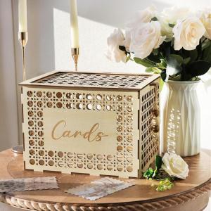 imageOurWarm Wooden Wedding Card Box with Slot Hollow Rattan Pattern Gift Card Box for Party Reception Envelope Money Card Box for Wedding Graduation Party Birthday Baby Shower DecorationsWood