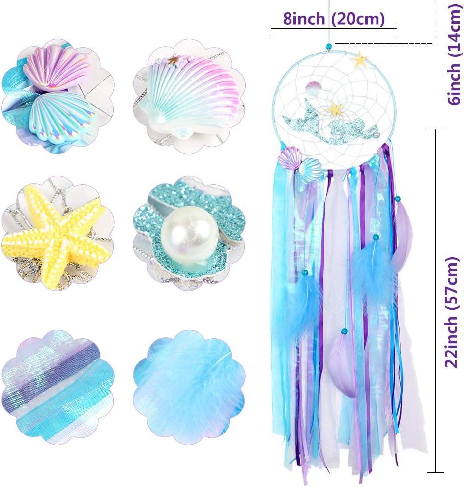 imageOurWarm Mermaid Dream Catcher for Girls Room Wall Decor Big Handmade Blue Dreamcatcher with Colorful Feathers for Kids Bedroom Hanging Decor Under The Sea Mermaid Birthday Baby Shower Party Supplies