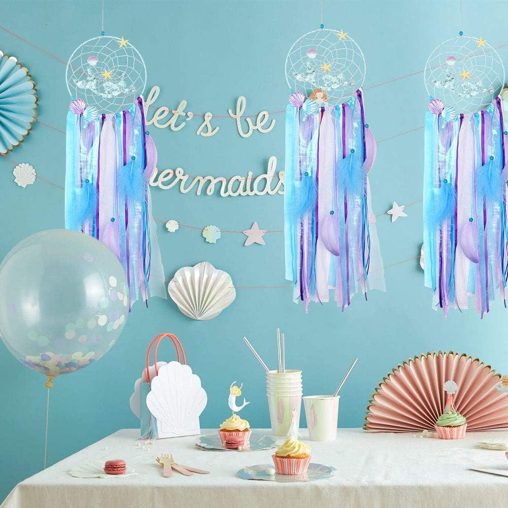 imageOurWarm Mermaid Dream Catcher for Girls Room Wall Decor Big Handmade Blue Dreamcatcher with Colorful Feathers for Kids Bedroom Hanging Decor Under The Sea Mermaid Birthday Baby Shower Party Supplies
