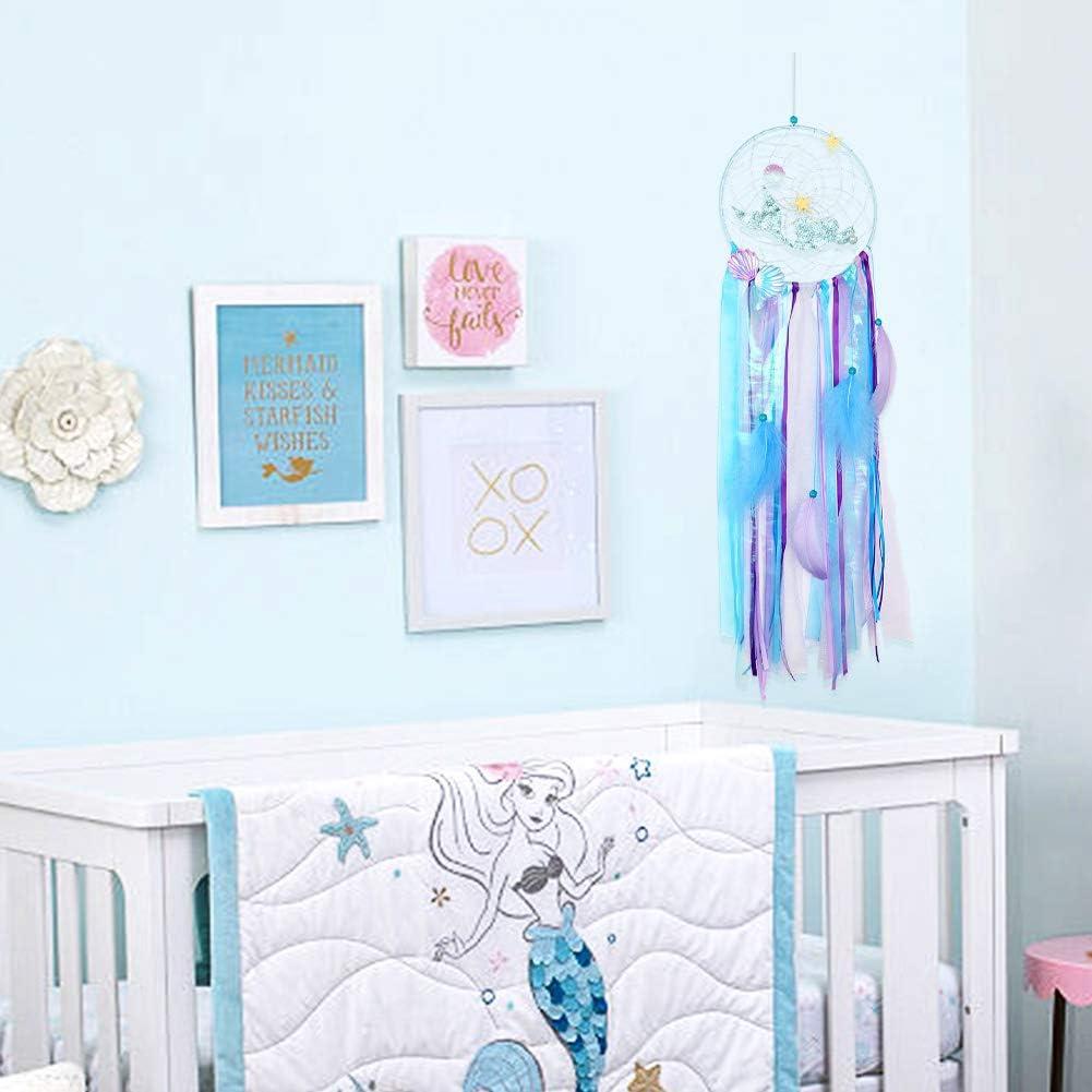 imageOurWarm Mermaid Dream Catcher for Girls Room Wall Decor Big Handmade Blue Dreamcatcher with Colorful Feathers for Kids Bedroom Hanging Decor Under The Sea Mermaid Birthday Baby Shower Party Supplies