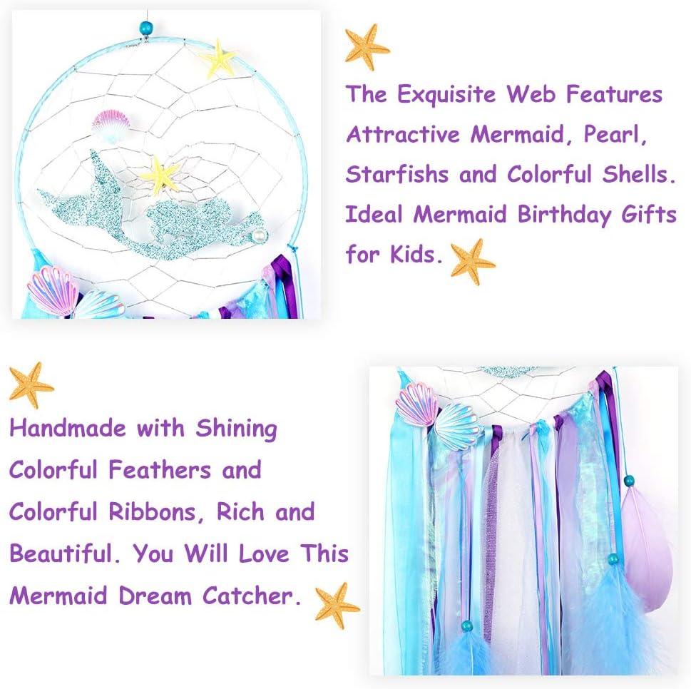 imageOurWarm Mermaid Dream Catcher for Girls Room Wall Decor Big Handmade Blue Dreamcatcher with Colorful Feathers for Kids Bedroom Hanging Decor Under The Sea Mermaid Birthday Baby Shower Party Supplies