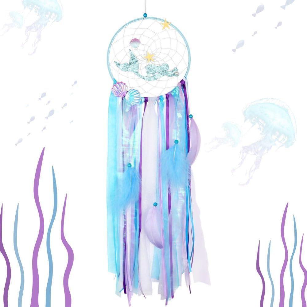 imageOurWarm Mermaid Dream Catcher for Girls Room Wall Decor Big Handmade Blue Dreamcatcher with Colorful Feathers for Kids Bedroom Hanging Decor Under The Sea Mermaid Birthday Baby Shower Party Supplies