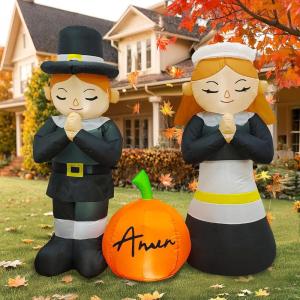 imageOurWarm 5FT Thanksgiving Pilgrim Inflatables Outdoor Decorations Thankful Prayer Boy and Girl Pilgrim Decorations with Blow Up Pumpkin Builtin Blower ampamp LEDs Devout Fall Yard Inflatable Party Decor