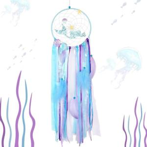 imageOurWarm Mermaid Dream Catcher for Girls Room Wall Decor Big Handmade Blue Dreamcatcher with Colorful Feathers for Kids Bedroom Hanging Decor Under The Sea Mermaid Birthday Baby Shower Party Supplies