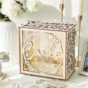 imageOurWarm Wedding Card Box for Wedding Reception Wooden Wedding Card Boxes with Window Brown Wedding Envelope Money Gift Card Box for Baby Shower Birthday Graduation Party Rustic Wedding DecorationsWith LED Lights