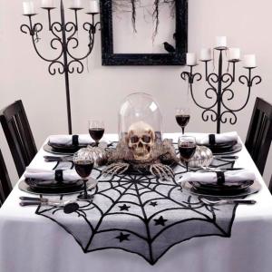 imageOurWarm Lace Spider Web Table Topper Cloth 40Inch Round Black Halloween Tablecloth for Halloween Table Decorations