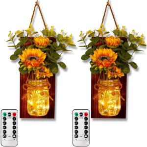 imageOurWarm Sunflower Mason Jar Sconces Wall Decor Set of 2 Rustic Handmade Hanging Jars with LED Fairy Lights for Home Kitchen Living Room Farmhouse Decorations