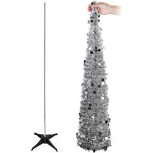 imagePartyTalk 5ft Pop Up Christmas Tree with Stand Green Tinsel Collapsible Artificial Christmas Tree for Holiday Christmas Home DecorationsSilver