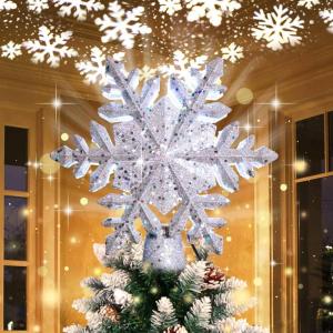 imageOurWarm Christmas Tree Topper Lighted Star Tree Toppers with LED Rotating Snowflake Projector Lights 3D Hollow Silver Star Snow Tree Topper for Christmas Tree DecorationsSilver Snowflake