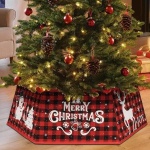 imageOurWarm Christmas Tree Collar Buffalo Plaid Christmas Tree Ring Hexagon Fabric Collapsible Tree Skirt with 6 Patterns for Christmas Xmas Holiday Tree Decorations