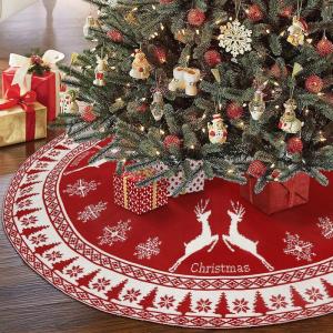 imageOurWarm Christmas Tree Skirt 48 Inch Red Knitted Christmas Tree Skirt with Snowflake ampamp Reindeer Rustic DoubleSided Xmas Tree Skirt Christmas Decorations for Holiday Party Decor Indoor Outdoor