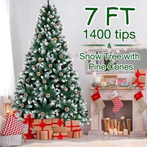 imageOurWarm 7FT Artificial Christmas Tree Snow Flocked Christmas Tree with Pine Cones Xmas Pine Tree for Indoor Outdoor Holiday Decorations with Foldable Metal Stand 1400 Branch Tips