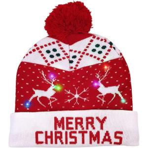 imageOurWarm LED Christmas Hat Light Up Holiday Hat Cute Reindeer Snowflakes Red Knitted Hat Christmas Beanie with 6 Colorful Lights for Kids Adults Family Festival Merry Xmas and New Year Party Supplies