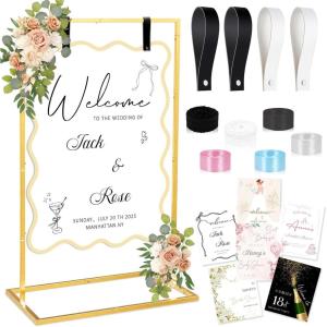 imageOurWarm Metal Wedding Sign Stand Adjustable Welcome to Our Wedding Sign Holder Heavy Duty Easel Stand for Sign WDesign Bundle ampamp Leather Sign Hanging Straps Seating Chart Stand Easel for DisplayGold