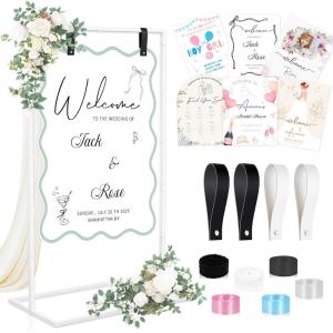 imageOurWarm Metal Wedding Sign Stand Adjustable Welcome to Our Wedding Sign Holder Heavy Duty Easel Stand for Sign WDesign Bundle ampamp Leather Sign Hanging Straps Seating Chart Stand Easel for DisplayWhite