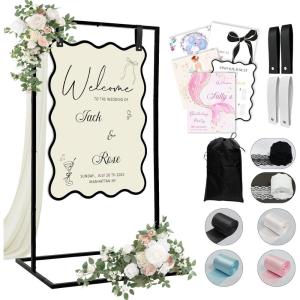 imageOurWarm Metal Wedding Sign Stand Adjustable Welcome to Our Wedding Sign Holder Heavy Duty Easel Stand for Sign WDesign Bundle ampamp Leather Sign Hanging Straps Seating Chart Stand Easel for DisplayBlack