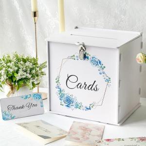 imageOurWarm White Wedding Card Box with Lock PVC Gift Card Box with Blue Wreath Wedding Decorations for Reception Envelop Money Gift Boxes for Graduation Birthday Bridal Baby Shower Decor
