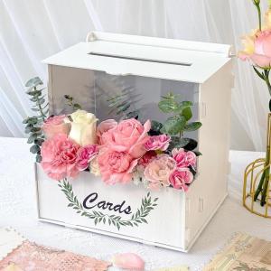 imageOurWarm Wooden Wedding Card Box with Acrylic Board ampamp Flower Trough White Gift Card Box for Wedding Envelope Boxes for Gifts Bridal Shower Decorations Party Reception Anniversary Baby Shower