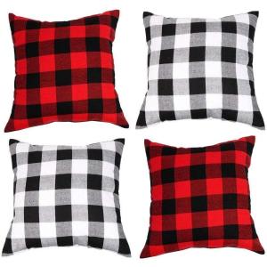 imageAytai Set of 4 Buffalo Check Plaid Throw Pillow Covers 18x18 Square Pillow Cover Plaid Cotton Linen Cushion for Sofa Car Office Home Decoration Red and Black White and Black