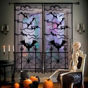 imageOurWarm 2pcs Black Lace Halloween Window Curtains Spider Web Bats Door Curtain Panel Decor for Spooky Halloween Holiday Party Decoration 40 x 84 Inch
