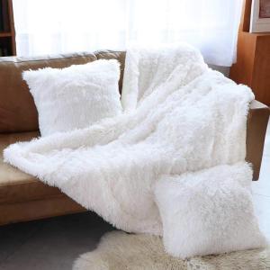 imageOurWarm 3 Pcs Ultra Soft Faux Fur Throw Blanket Set Fluffy Cozy Plush Blanket50in x 60in  2 Throw Pillow Covers18in x18in Lightweight Shaggy Longfur Blanket for SofaCouch Bed Pure White