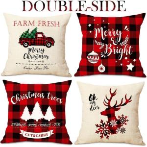 imageOurWarm Christmas Throw Pillow Covers 18 x 18 Set of 4 Red and Black Buffalo Plaid Christmas Decorations Cotton Linen Cushion Covers Throw Pillow Cases