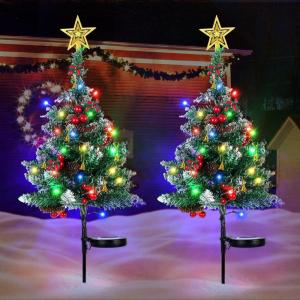 imageOurWarm 2Pcs Solar Christmas Tree Lights Outdoor Decorations 20 LEDs Path Lights 8Mode Flickering Small Mini Solar Christmas Tree for Outside Yard Pathway Garden Grave Cemetery Xmas Decor
