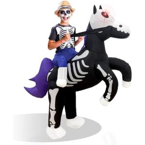 imageOurWarm Horse Inflatable Costume Kids Funny Inflatable Halloween Costumes Riding a Skeleton Horse with Red LED Eyes Cowboy Blow up Costumes for Boys Girls Halloween Cosplay Party