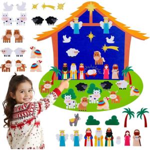 imageOurWarm Christmas Tree for Kids Wall  Felt Toddler Nativity Play Set With 30 Pcs Detachable Ornaments Xmas Tree for Kids to Decorate Wall Hanging Christmas Decor