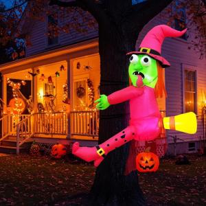 imageOurWarm 4FT Halloween Inflatables Witch Crashing into Tree Funny Witch Blow up Halloween Decorations Outdoor Pink Halloween Decor with Builtin LED Lights for Tree Yard Porch Door and Fence