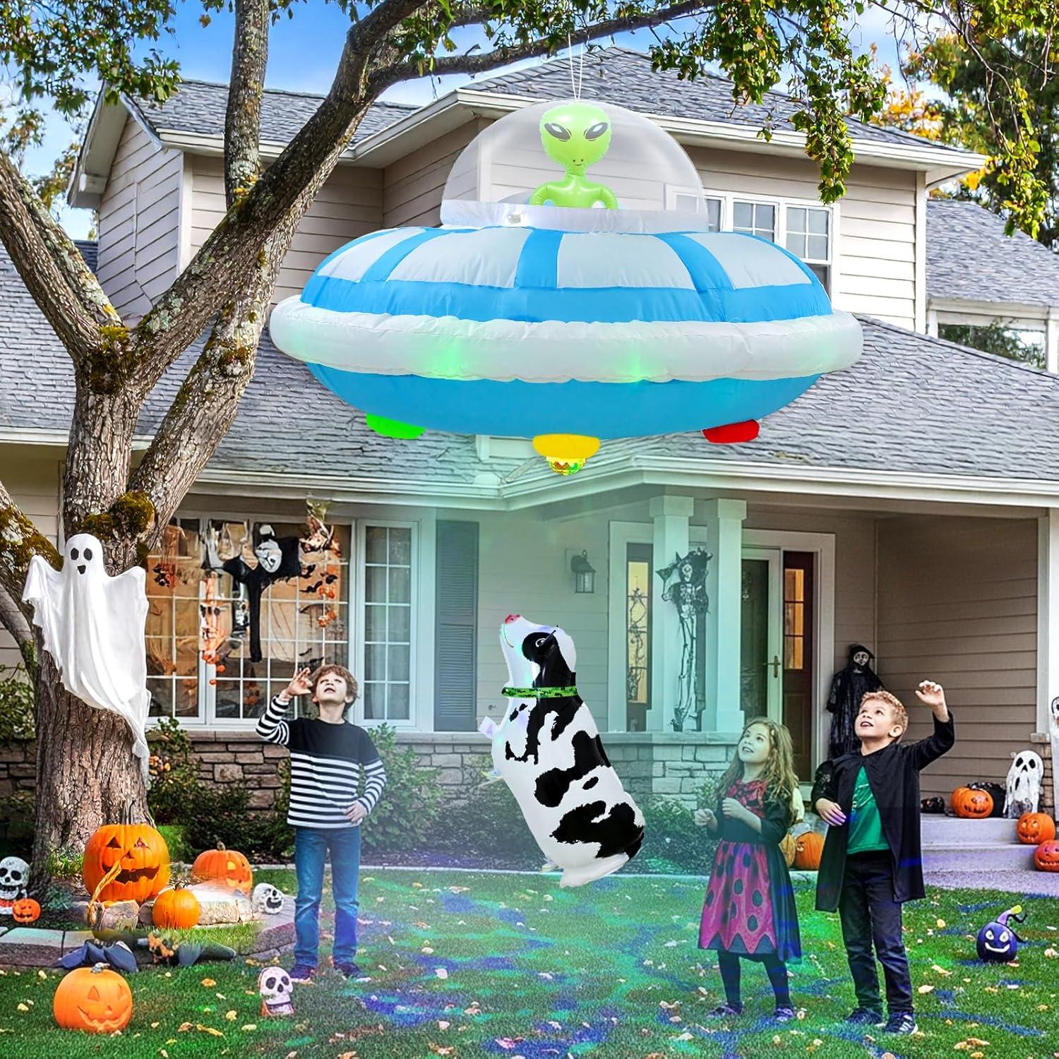 imageOurWarm 4FT Hanging Alien Spaceship Inflatable Halloween Blow Up Builtin Colorful LED Flashing Light Outdoor Indoor Home Garden Lawn Decor