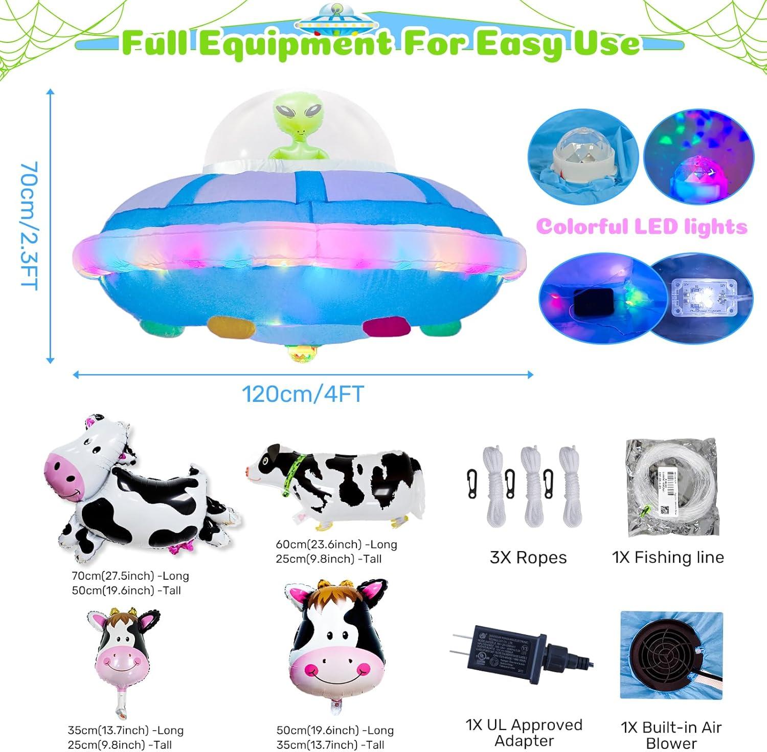 imageOurWarm 4FT Hanging Alien Spaceship Inflatable Halloween Blow Up Builtin Colorful LED Flashing Light Outdoor Indoor Home Garden Lawn Decor