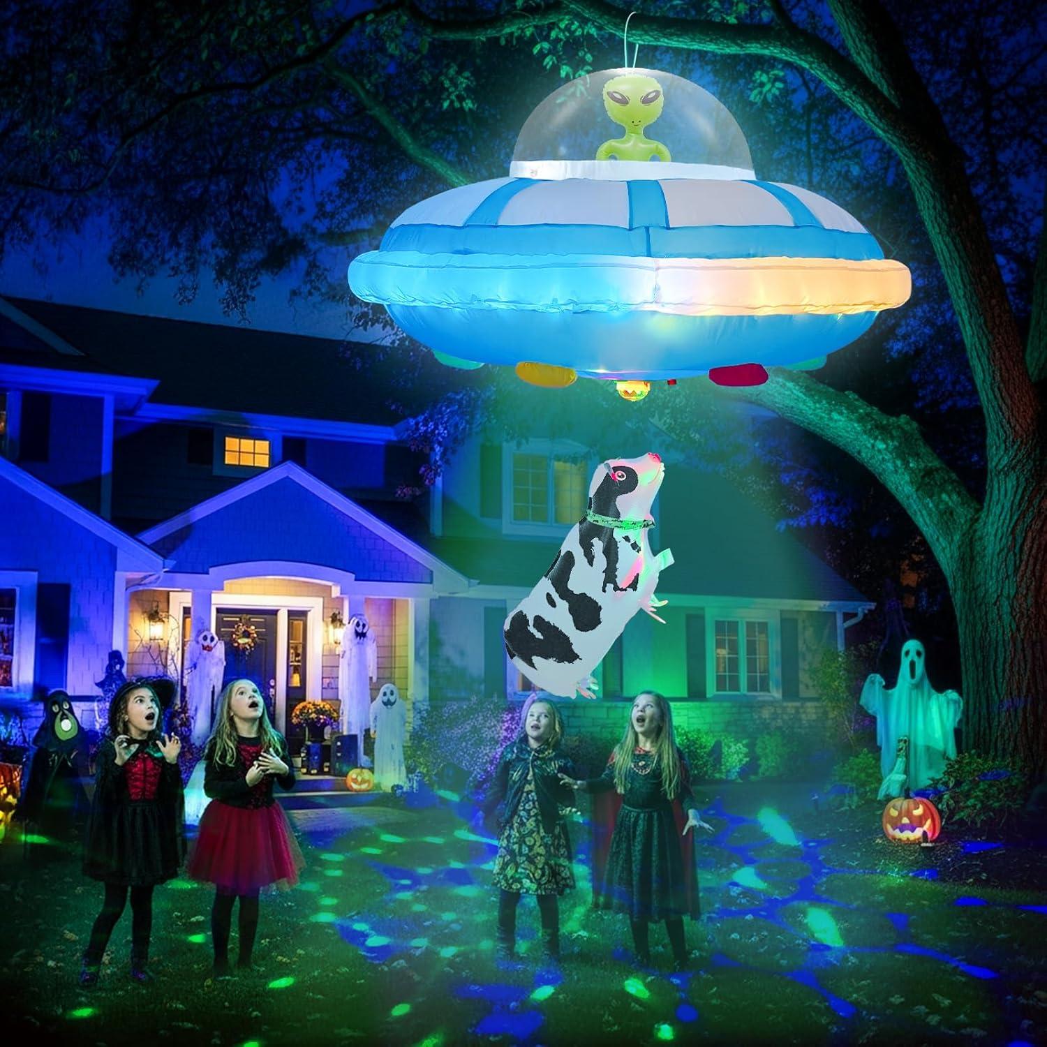 imageOurWarm 4FT Hanging Alien Spaceship Inflatable Halloween Blow Up Builtin Colorful LED Flashing Light Outdoor Indoor Home Garden Lawn Decor