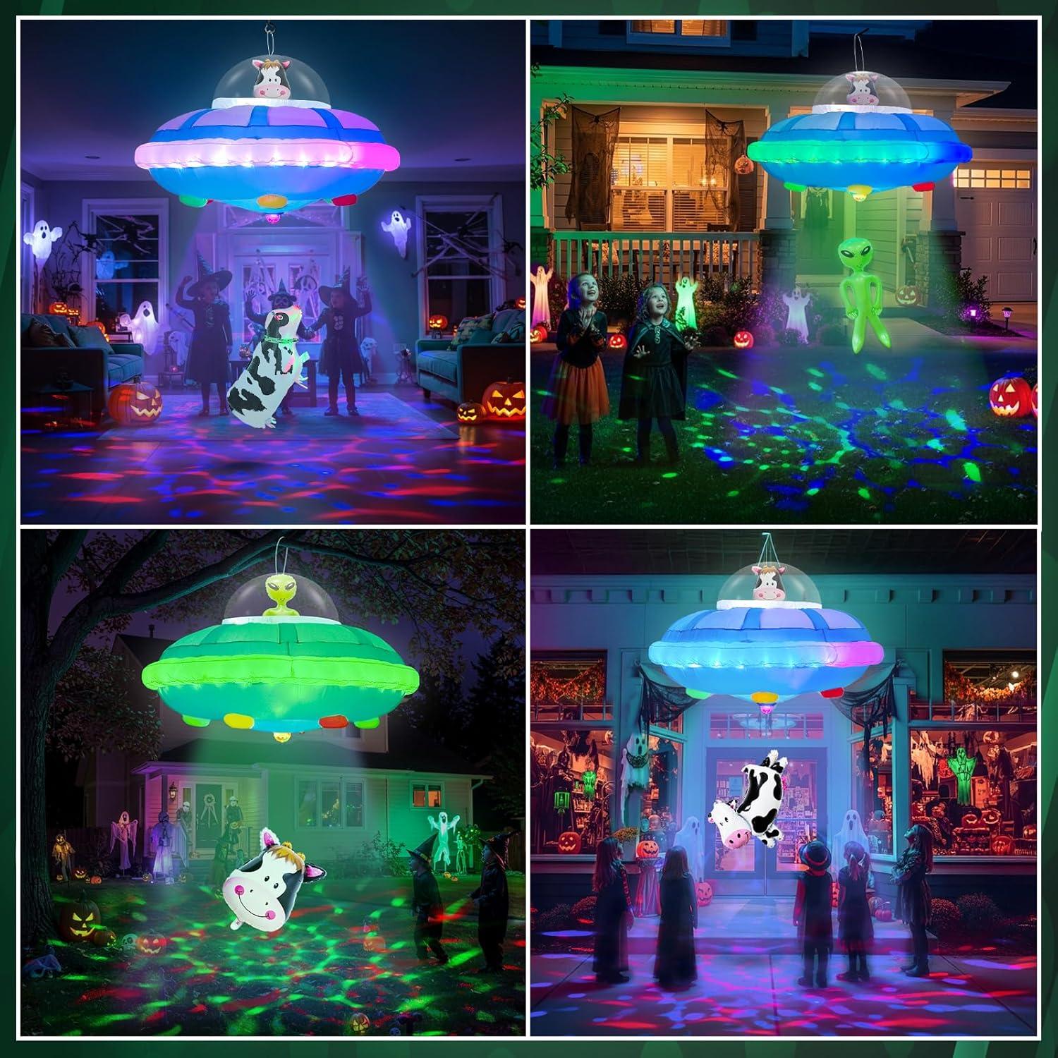 imageOurWarm 4FT Hanging Alien Spaceship Inflatable Halloween Blow Up Builtin Colorful LED Flashing Light Outdoor Indoor Home Garden Lawn Decor